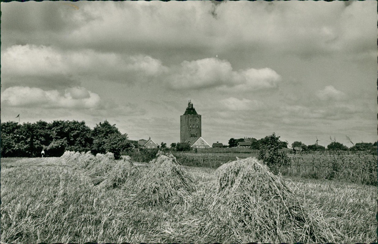 vergrößern: Bildseite historische Ansichtskarte von 1962: Leuchtturm Inselblick Heugarben:: Insel Neuwerk-Hamburg