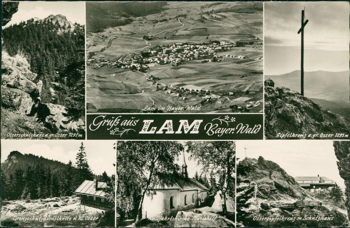 vergrößern: Bildseite historische Ansichtskarte von 1969: Mehrbild Grenzhütte Luftbild:: Lam (Oberpfalz)