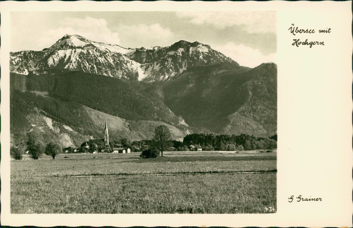 zoom: Image side vintage Postcard from 1953: Stadt und Hochgern:: Übersee (Chiemgau)