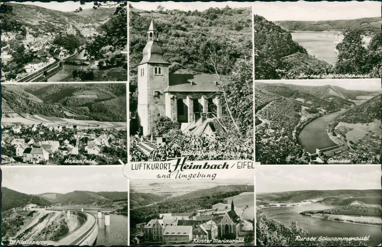 vergrößern: Bildseite historische Ansichtskarte von 1961: Stadt und Umlandansichten Mehrbild Fotokarte:: Heimbach (Eifel)