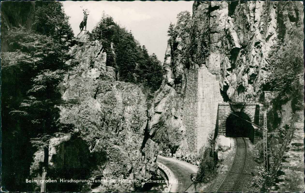vergrößern: Bildseite historische Ansichtskarte von 1961: Hirschsprung-Tunnel Eisenbahn:: Hirschsprung-Breitnau