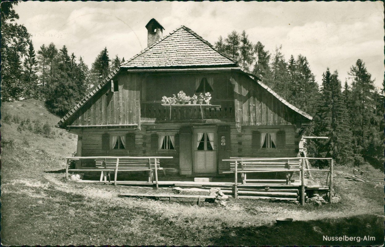 zoom: Image side vintage Postcard from 1958: Nusslberg Nusselberg - Alm:: Kiefersfelden