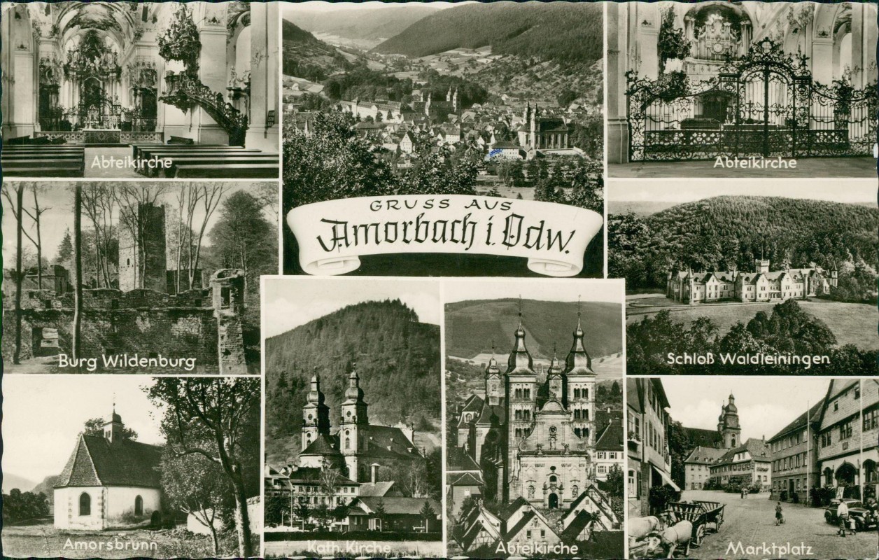 vergrößern: Bildseite historische Ansichtskarte von 1963: MB Abteikirche Burg Wildenburg Marktplatz Abteikirche:: Amorbach