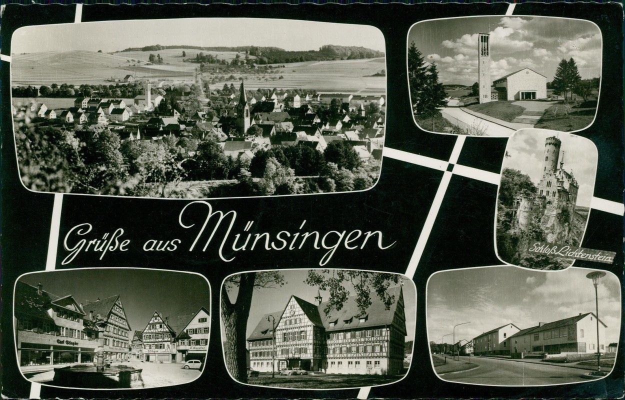 vergrößern: Bildseite historische Ansichtskarte von 1965: Stadtteilansichten Kirche Markt uvm:: Münsingen (Württemberg)