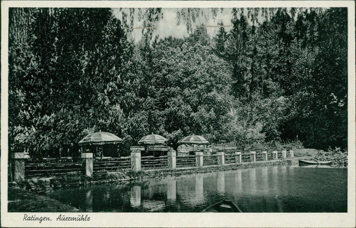 vergrößern: Bildseite historische Ansichtskarte von 1952: Gaststätte Auermühle - Angertal:: Ratingen