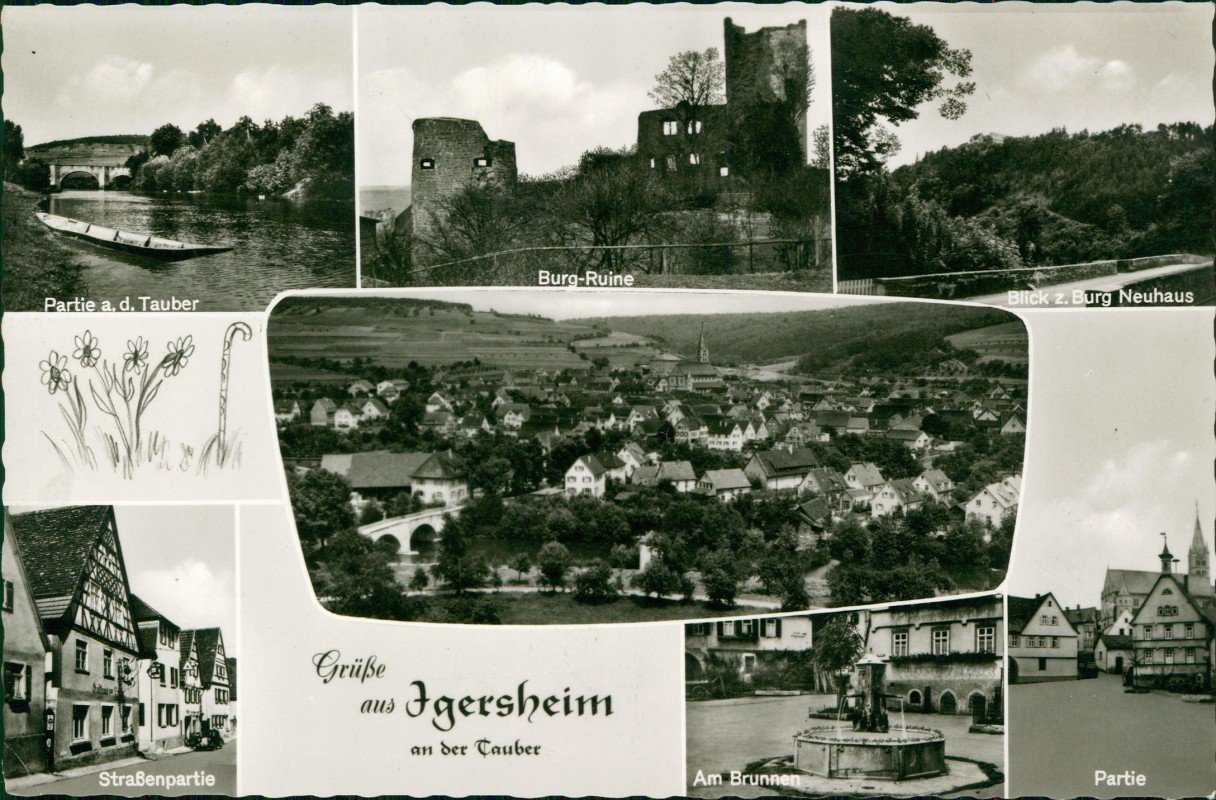 vergrößern: Bildseite historische Ansichtskarte von 1965: Mehrbild Tauber Partie Straße:: Igersheim