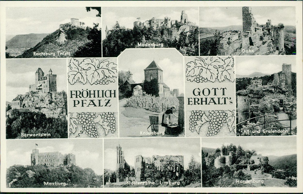 vergrößern: Bildseite historische Ansichtskarte von 1961: MB Reichsburg Trifels Berwartstein Maxburg Madenburg Kropsburg:: .Rheinland-Pfalz