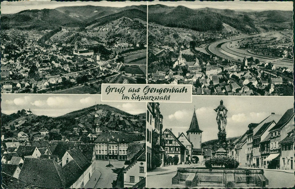vergrößern: Bildseite historische Ansichtskarte von 1959: 4 Bild Stadtteilansichten:: Gengenbach (Schwarzwald)