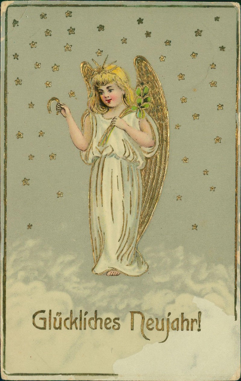 zoom: Image side vintage Postcard from 1910: Neujahr Sylvester New Year Engel Hufeisen Sterne::