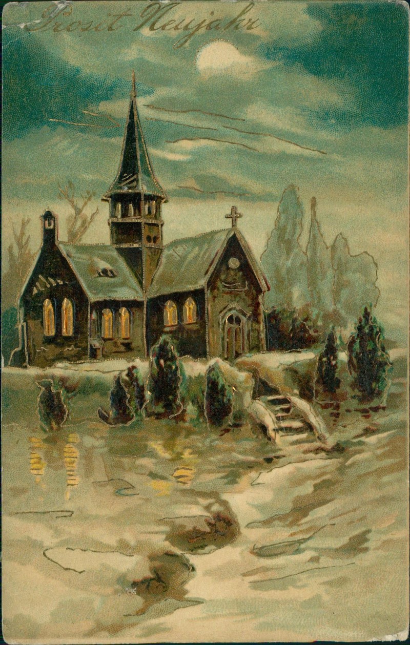 zoom: Image side vintage Postcard from 1911: Neujahr Sylvester New Year Kirche Künstlerkarte Goldeffekt::