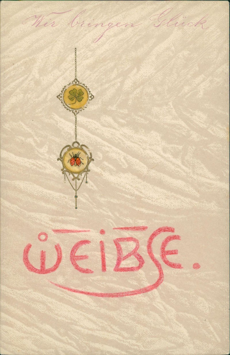 zoom: Image side vintage Postcard from 1913: Künstlerkarte Glückskarte Sympole Maikäfer Glücksklee::