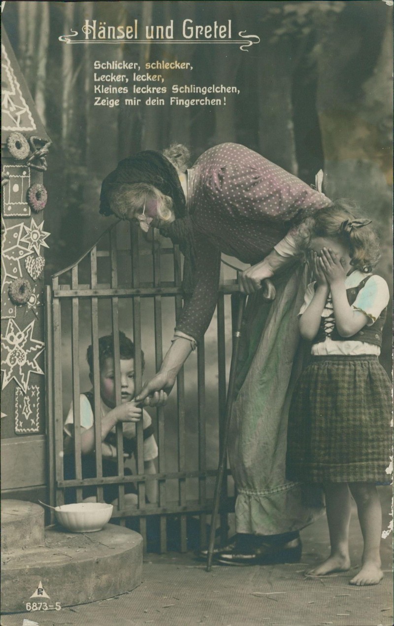 zoom: Image side vintage Postcard from 1911: Märchen Fairy Tale Hänsel und Gretel Hexe Fotokunst::
