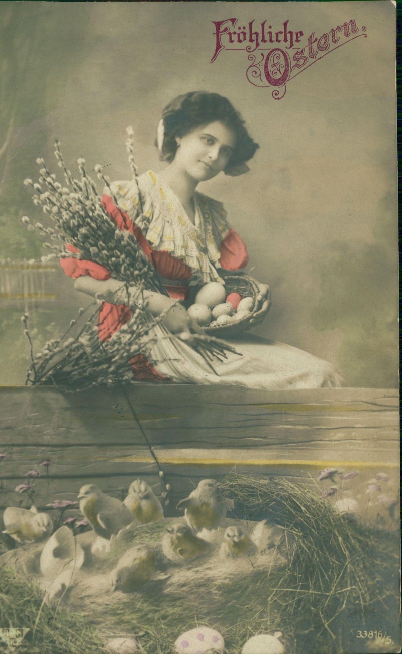 zoom: Image side vintage Postcard from 1913: Ostern Easter schöne Frau mit Weidenkätzchen und Küken Fotokunst::