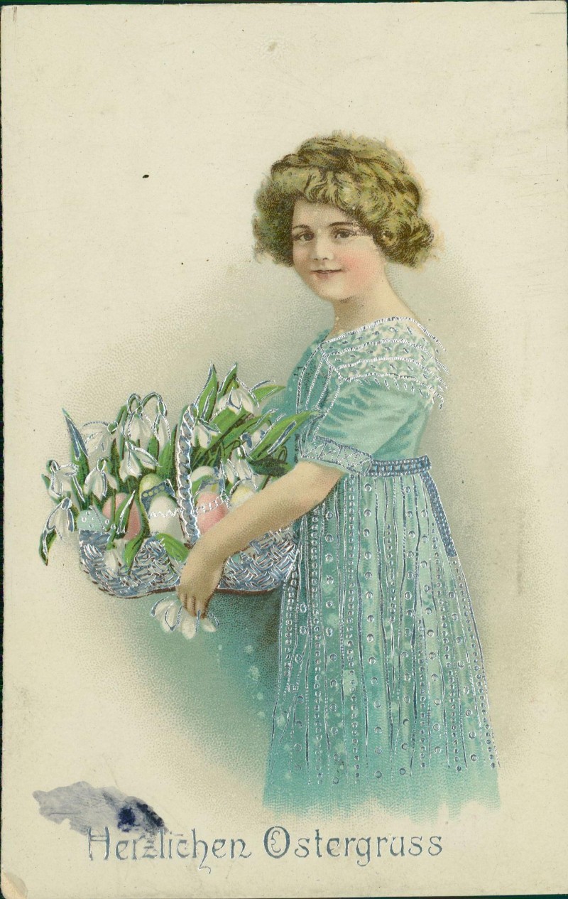 zoom: Image side vintage Postcard from 1917: Ostern Easter Mädchen mit Korb voll Eiern u. Schneeglöckchen::