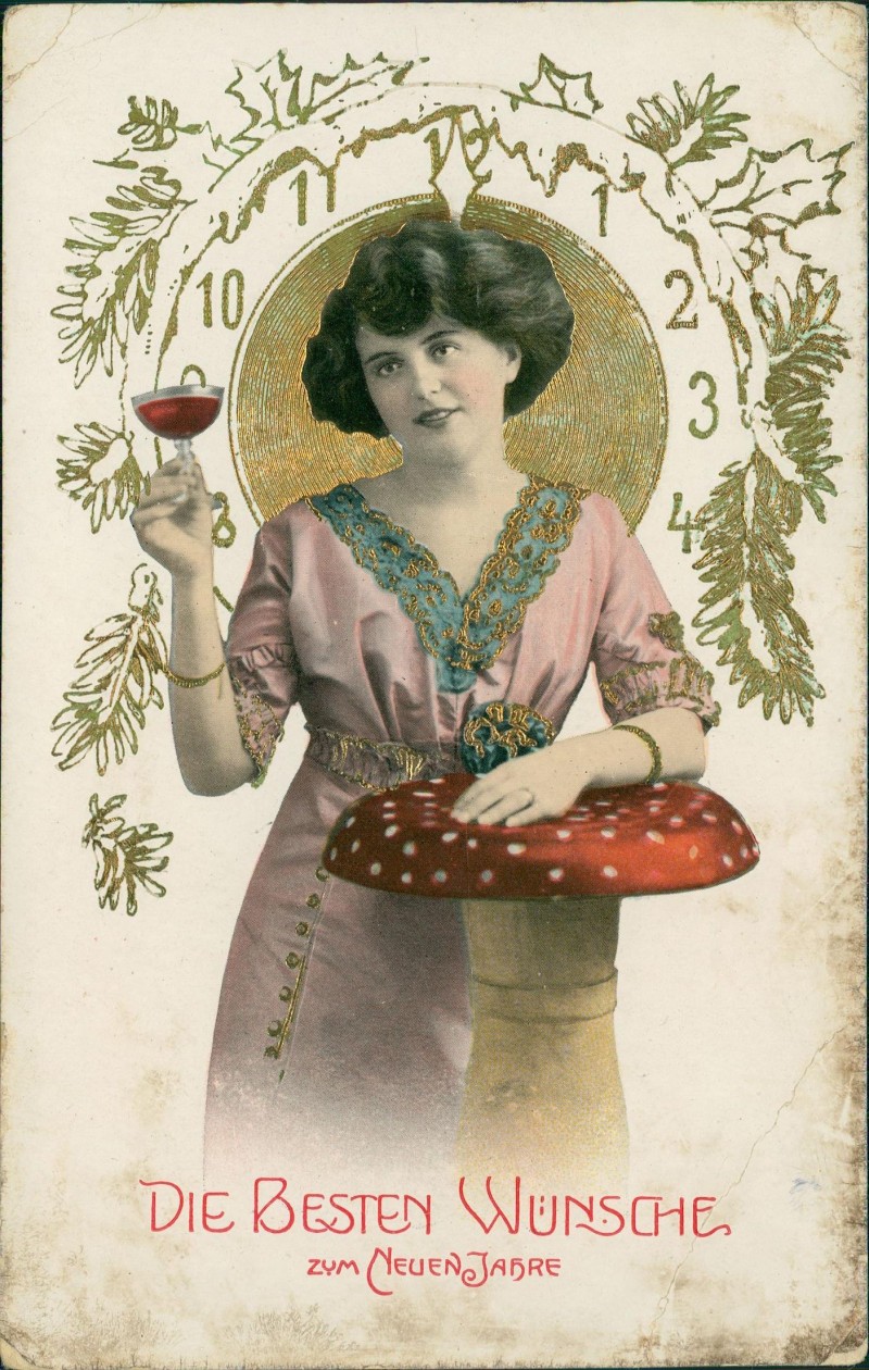 zoom: Image side vintage Postcard from 1913: Neujahr Sylvester New Year schöne Frau Golduhr und Glückspilz::