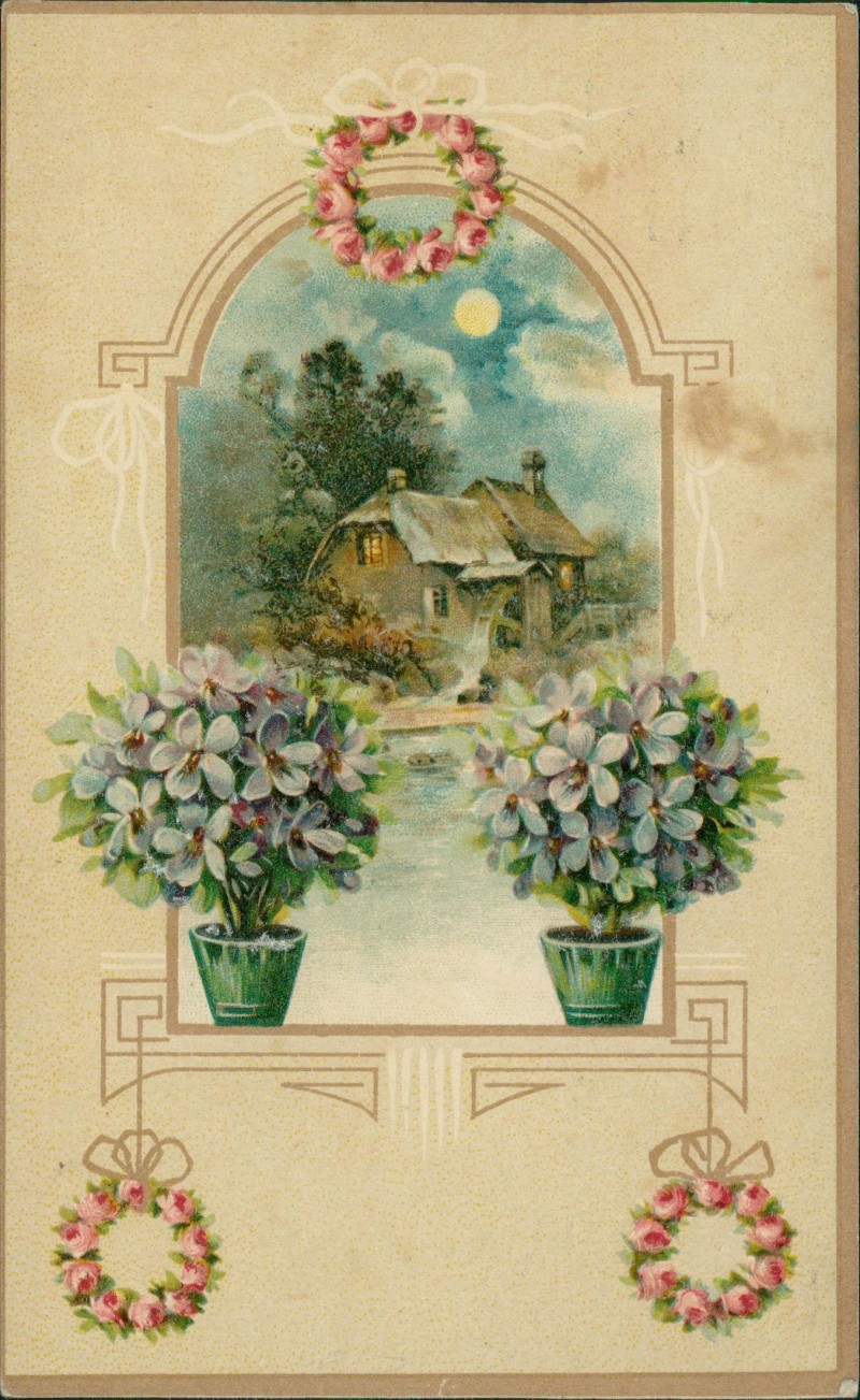 zoom: Image side vintage Postcard from 1913: Künstlerkarte Blick aus dem Fenster Veilchen Wassermühle::