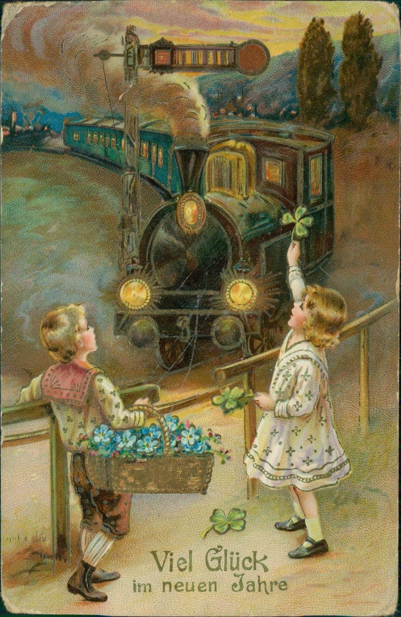zoom: Image side vintage Postcard from 1912: Weihnachten Christmas Kinder mit Veilchen Dampflokomotive::