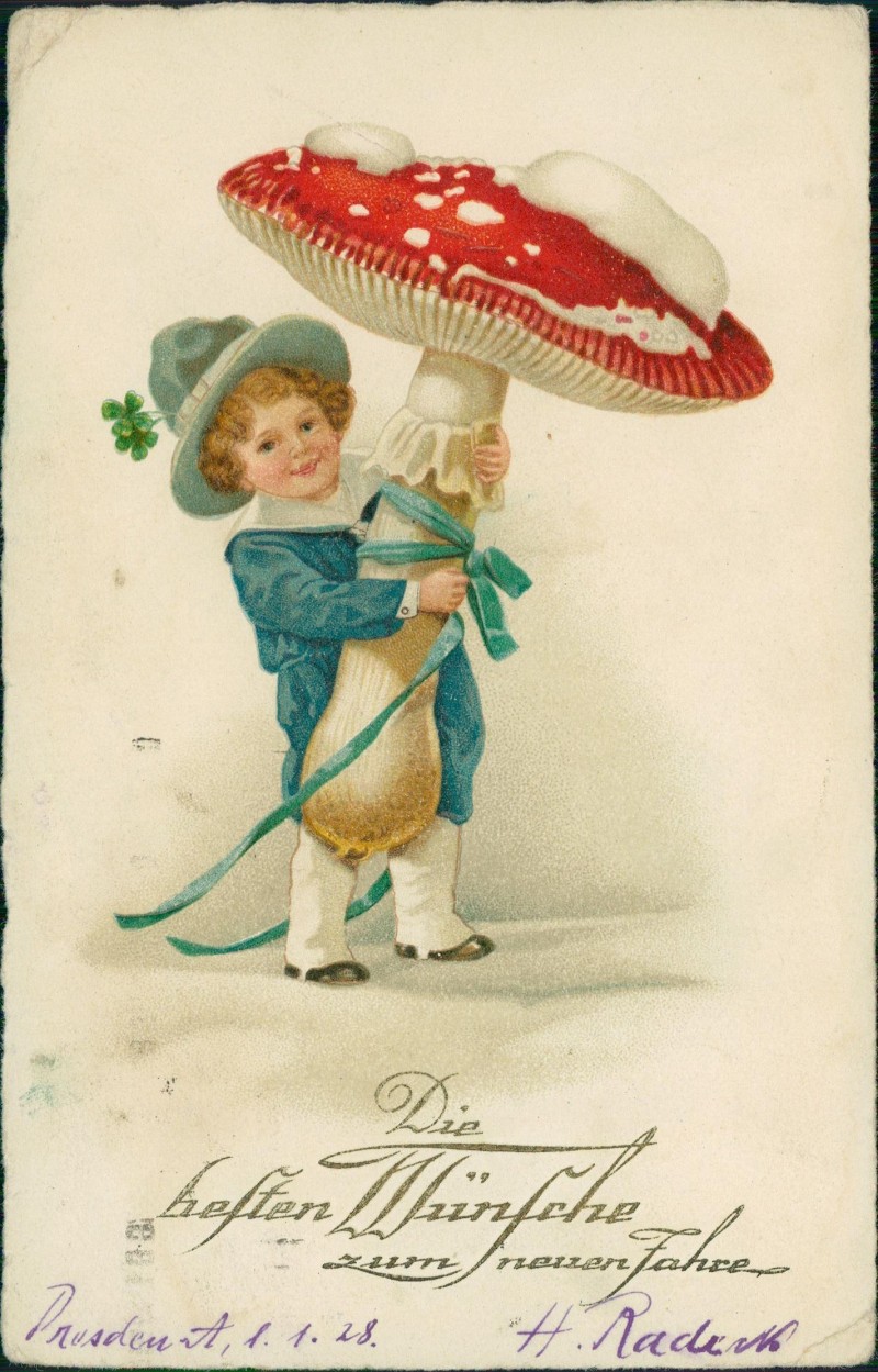 zoom: Image side vintage Postcard from 1928: Neujahr Sylvester New Year Gnom mit Glücksklee Fliegenpilz::