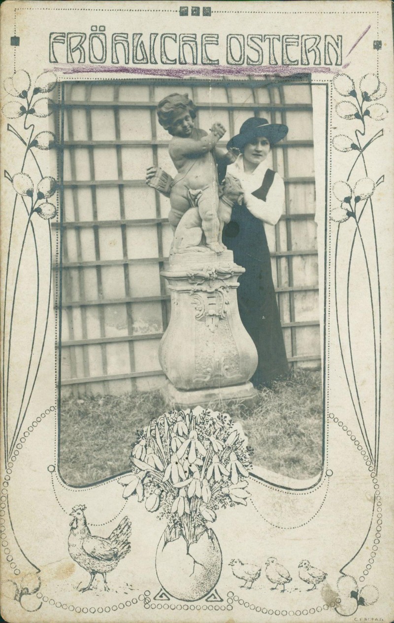 zoom: Image side vintage Postcard from 1919: Ostern Easter Ornament Realfoto Frau mit Statue::