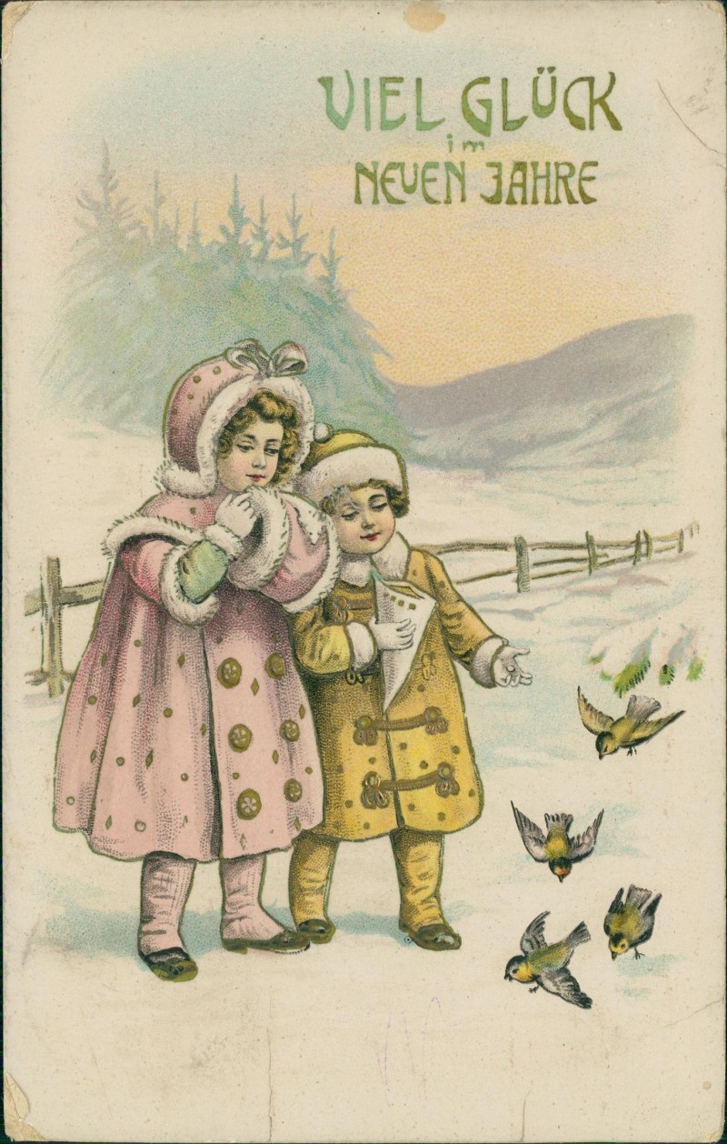 vergrößern: Bildseite historische Ansichtskarte von 1912: Neujahr Sylvester New Year Kinder im Pelz füttern Vögel::