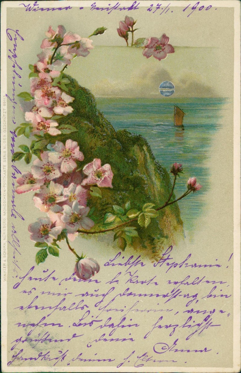 zoom: Image side vintage Postcard from 1903: Silbermond Mond Steilküste am Meer::