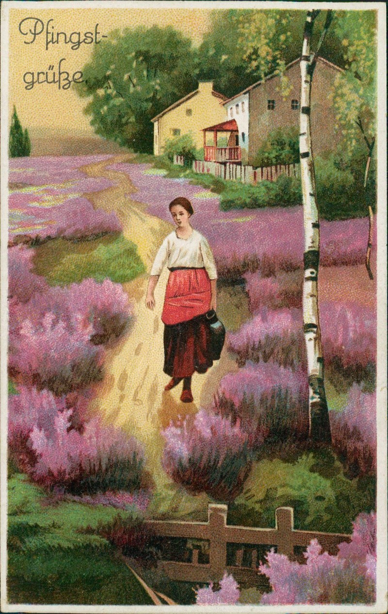 zoom: Image side vintage Postcard from 1917: Pfingsten Pentecost Frau auf Weg Birke Künstlerkarte::