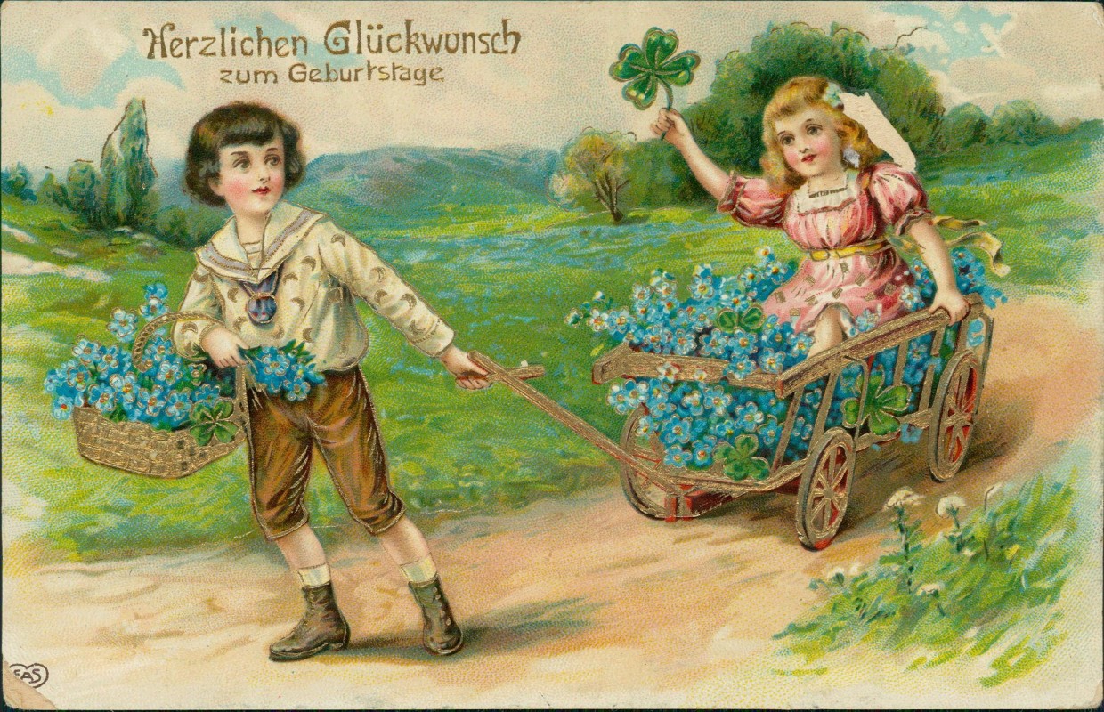 zoom: Image side vintage Postcard from 1911: Geburtstag Birthday Junge zieht Mädchen im Wagen Veilchen::