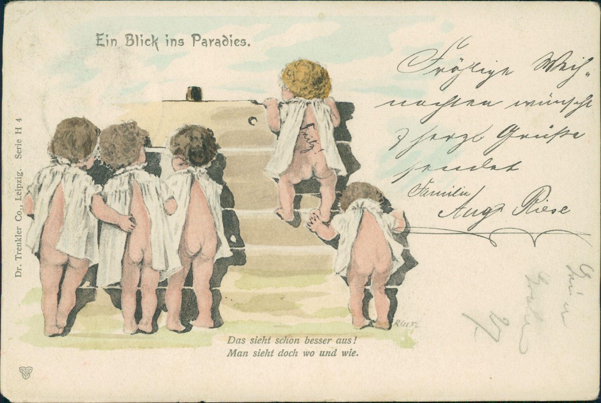 zoom: Image side vintage Postcard from 1901: Kinder Künstlerkarte Ein Blick ins Paradies. Jungen am Zaun::