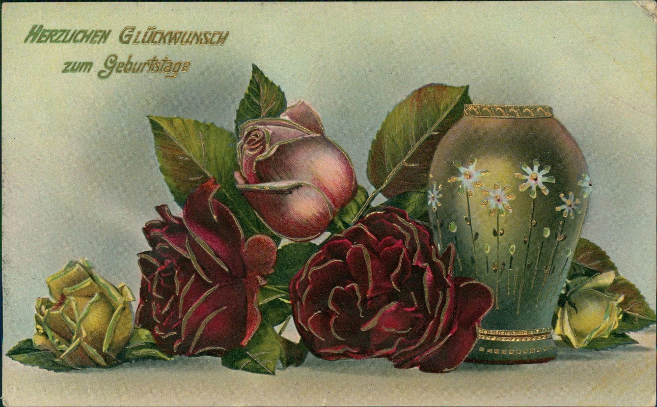 zoom: Image side vintage Postcard from 1913: Geburtstag Birthday goldene Vase u.a. rote Rosen::