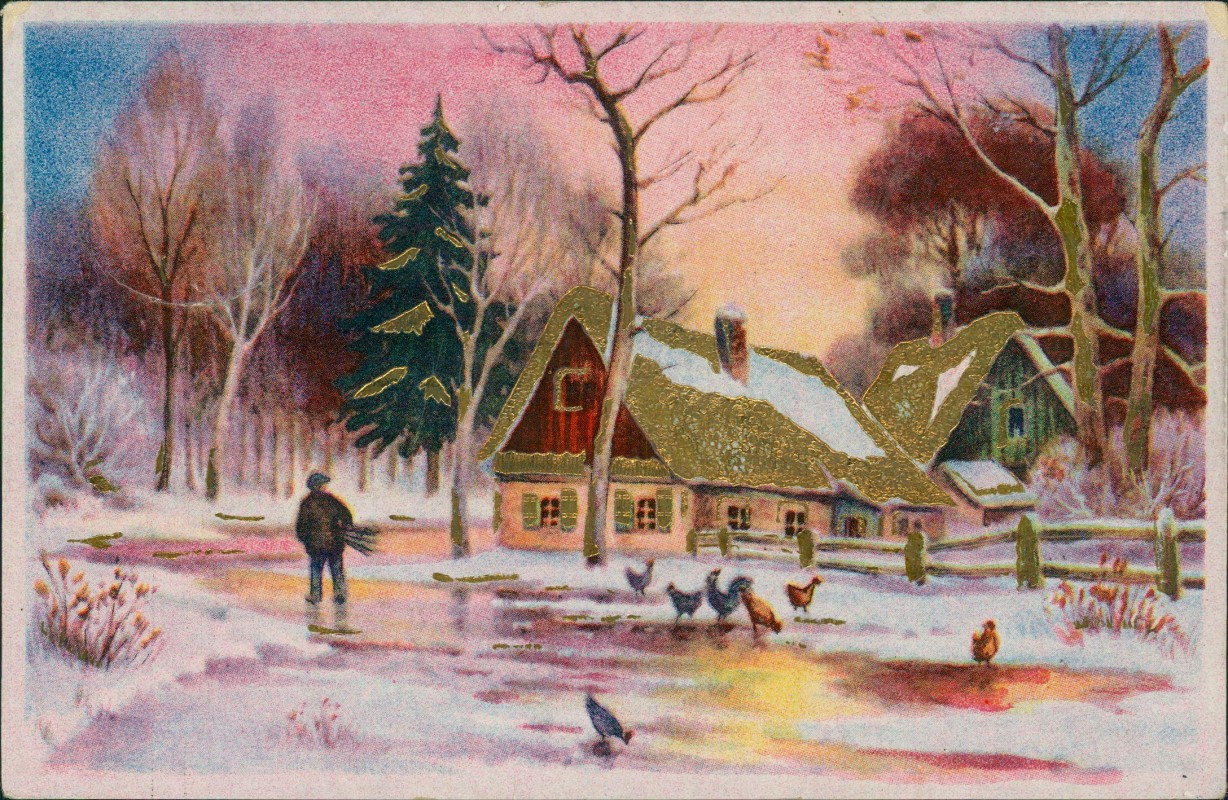 zoom: Image side vintage Postcard from 1942: Haus im Winterwald Künstlerkarte Gold-Dach::