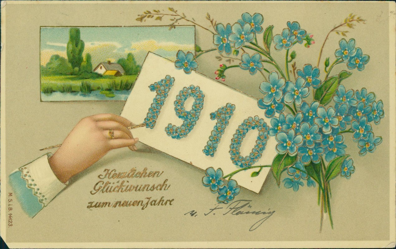 zoom: Image side vintage Postcard from 1910: Neujahr Sylvester New Year Zahl aus Veilchen Landschaft::