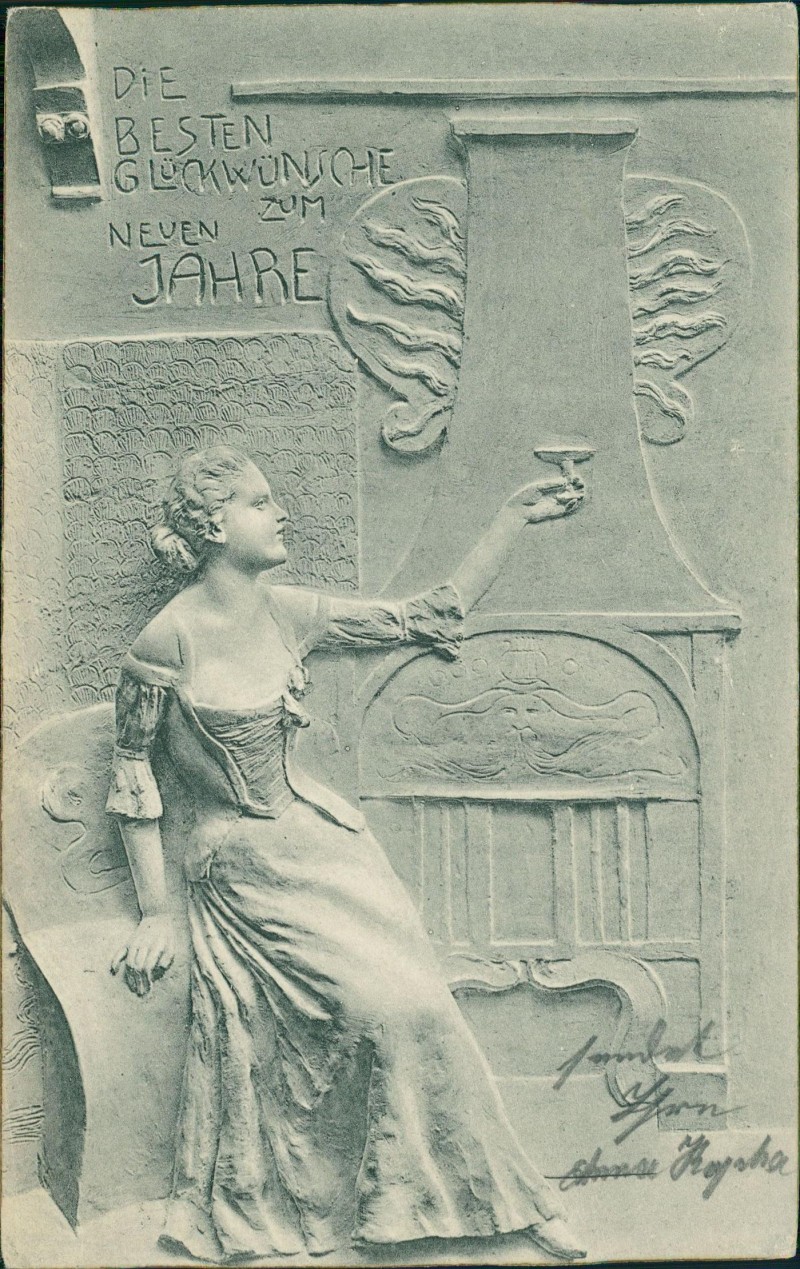 zoom: Image side vintage Postcard from 1903: Neujahr Sylvester New Year Frau mit Sektglas Relief::