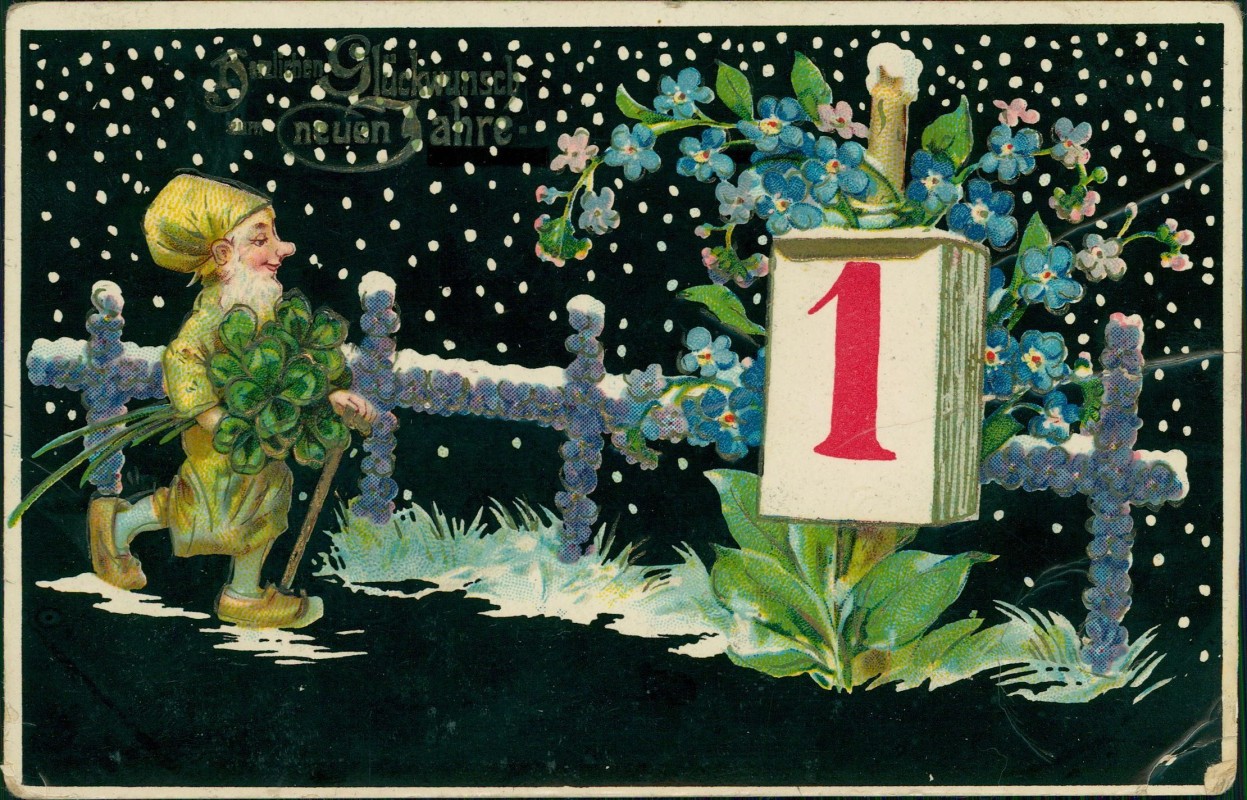 zoom: Image side vintage Postcard from 1909: Neujahr Sylvester New Year Zwerg mit Glücksklee Kobolt Veilchen::