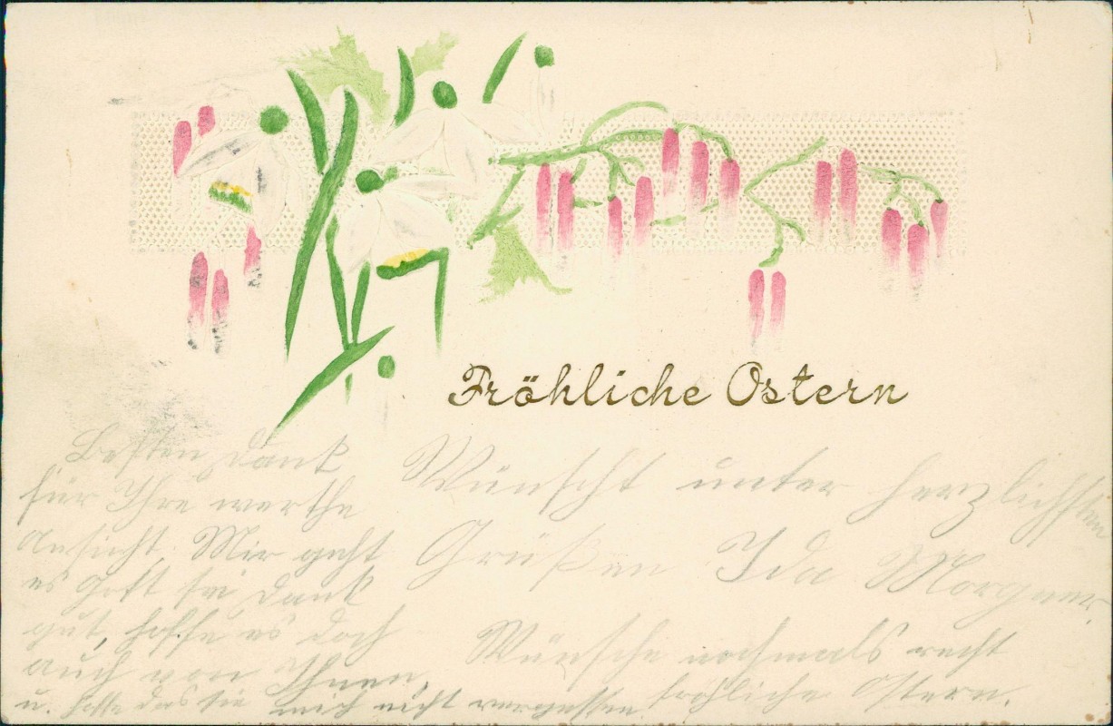 vergrößern: Bildseite historische Ansichtskarte von 1903: Ostern Easter - Goldschrift abstrakte Blumen Handgemalt::