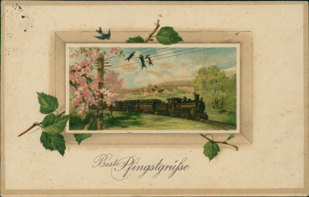 zoom: Image side vintage Postcard from 1907: Dampflokomotive Lindenzweig 3D Effekt Pfingsten Pentecost::
