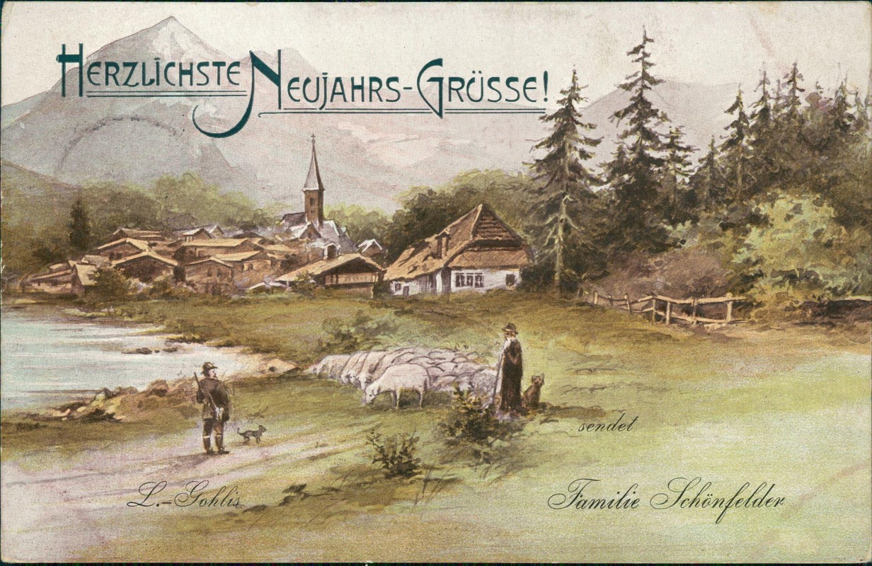 zoom: Image side vintage Postcard from 1901: Neujahr Sylvester New Year Schäfer Fam. Schönfelder Leipzig Gohlis::
