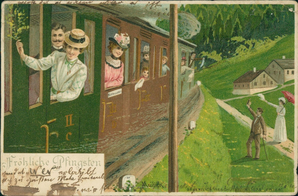 zoom: Image side vintage Postcard from 1902: Pfingsten Pentecost Eisenbahnfahrt Künstlerkarte Mailick::