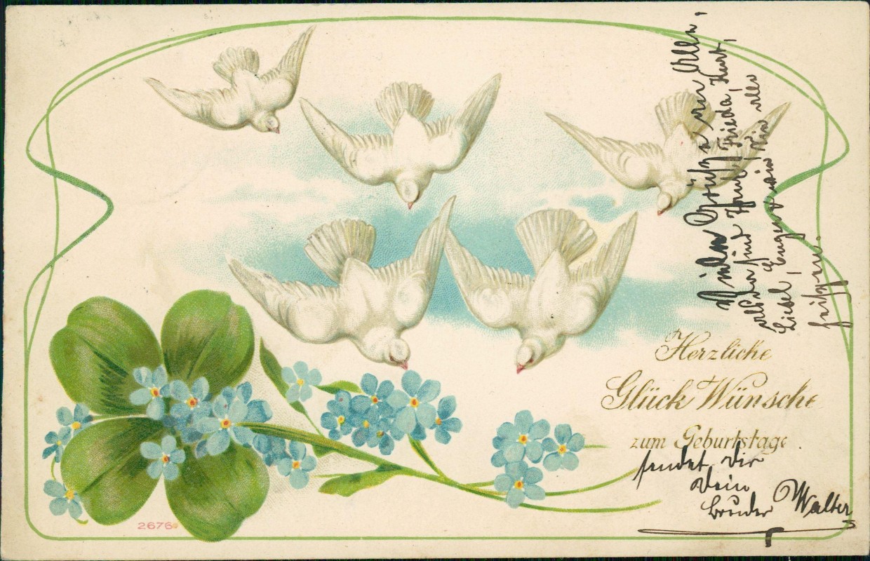 zoom: Image side vintage Postcard from 1904: Geburtstag Birthday Tauben Glücksklee Veilchen::
