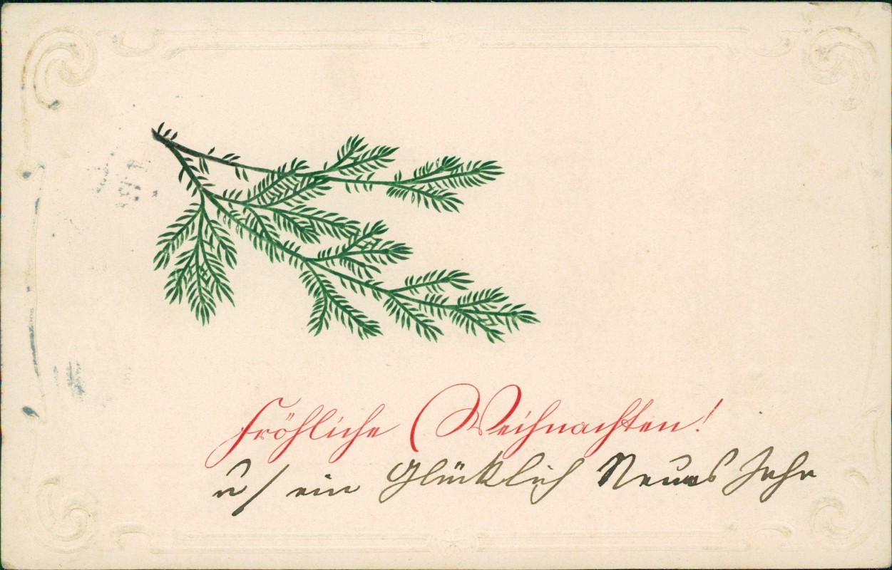 vergrößern: Bildseite historische Ansichtskarte von 1911: Weihnachten Christmas geprätes Ornament Tannenzweig::
