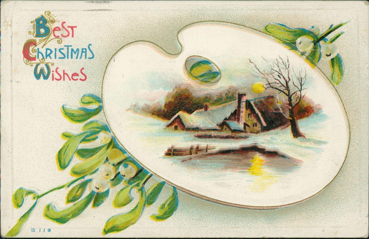 vergrößern: Bildseite historische Ansichtskarte von 1911: Weihnachten Christmas Landschaft in Farbpalette Best Wishes::