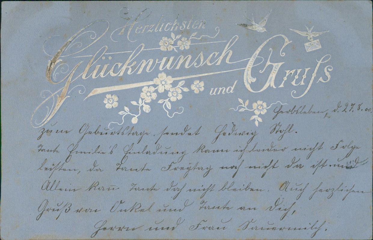 zoom: Image side vintage Postcard from 1900: Künstlerkarte Glückwunsch und Gruß Brieftauben::