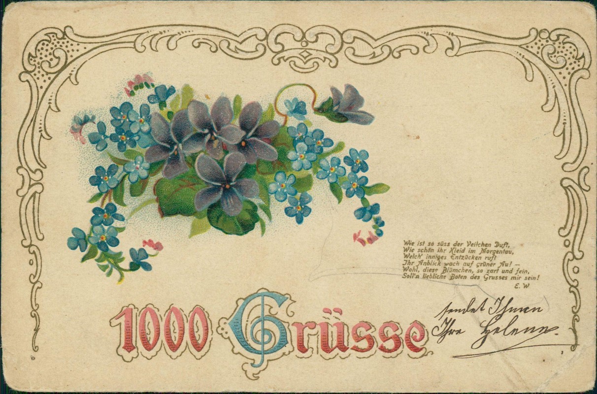 zoom: Image side vintage Postcard from 1915: Künstlerkarte 1000 Grüsse Goldornament Veilchen::
