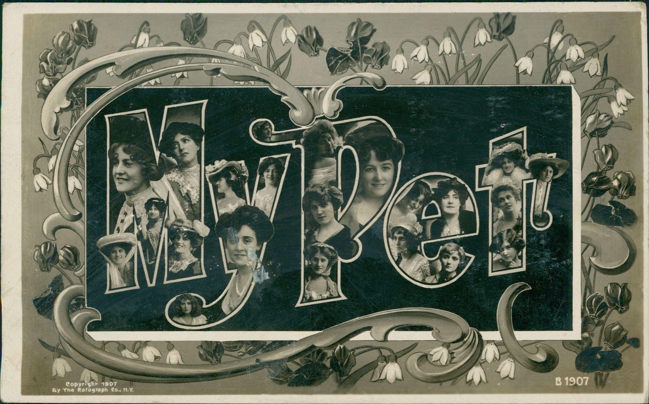 zoom: Image side vintage Postcard from 1907: Art Nouveau JUGENDSTIL Buchstaben Collage Fotokunst Frauen::
