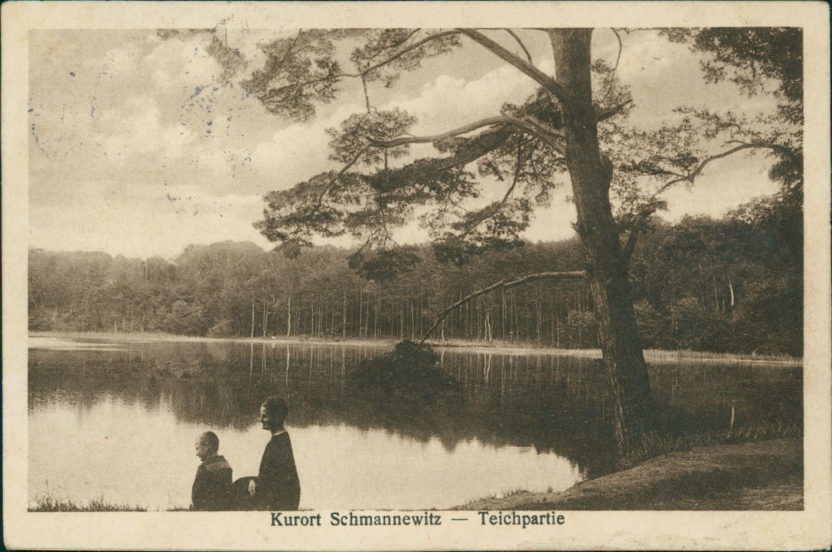 zoom: Image side vintage Postcard from 1925: Teichpartie - Mutter mit Kind:: Schmannewitz-Dahlen