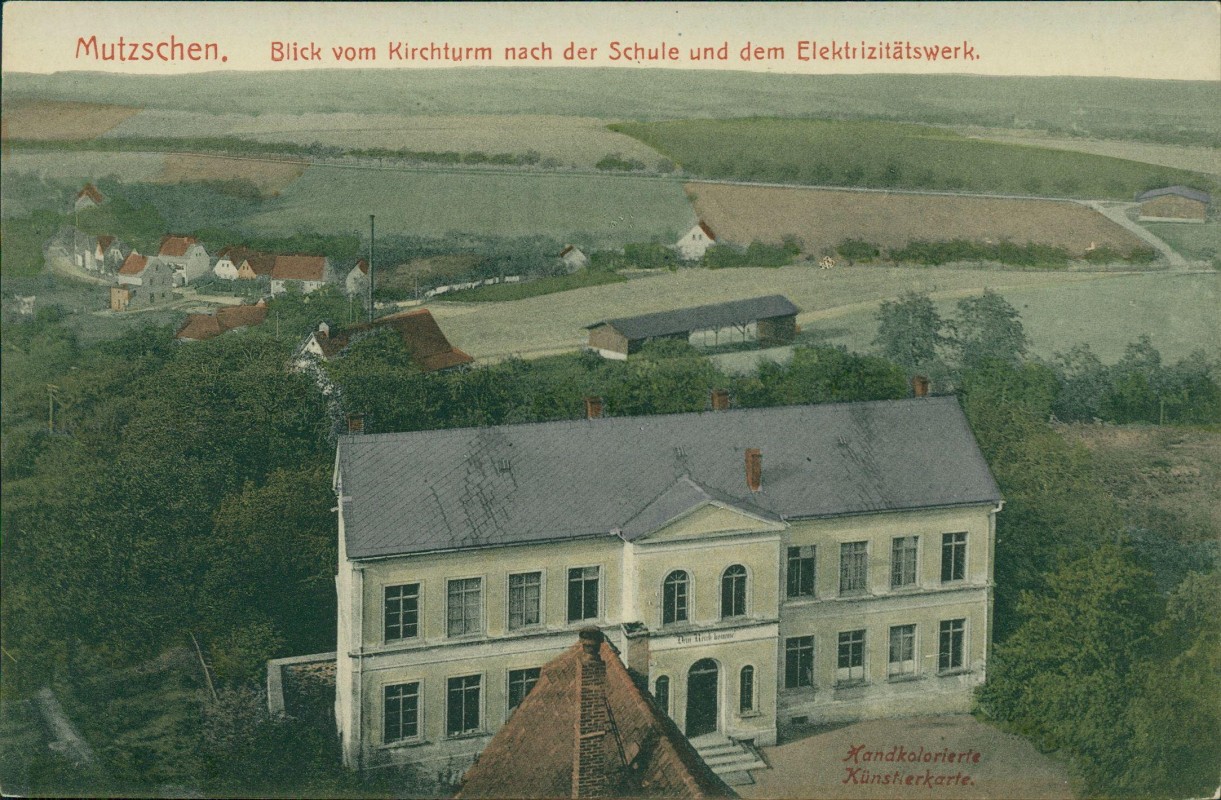 zoom: Image side vintage Postcard from 1910: Schule und Elektrizitätswerk:: Mutzschen