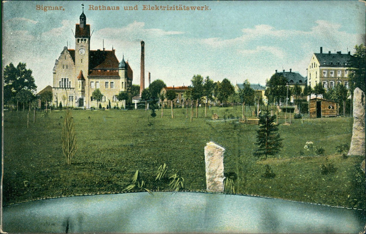 vergrößern: Bildseite historische Ansichtskarte von 1909: Rathaus und Elektrizitätswerk.:: Siegmar-Chemnitz