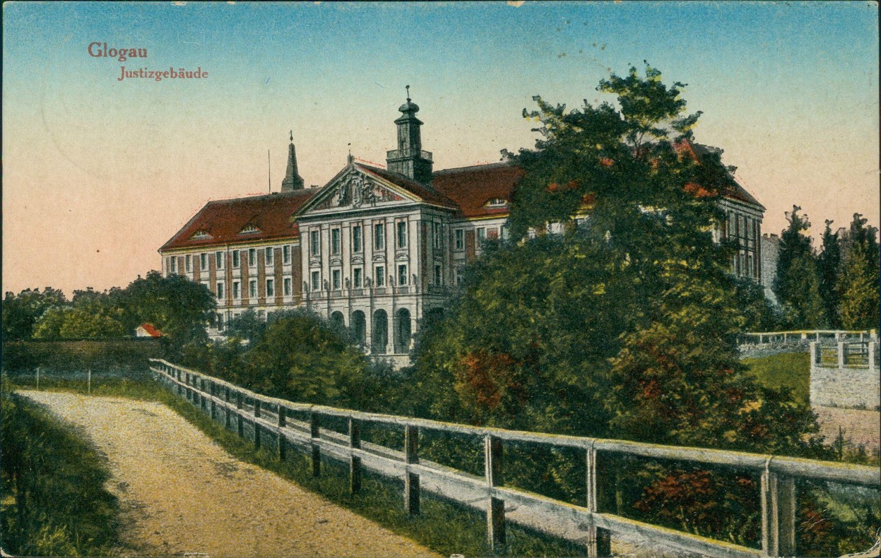 zoom: Image side vintage Postcard from 1932: Justizgebäude:: Glogow