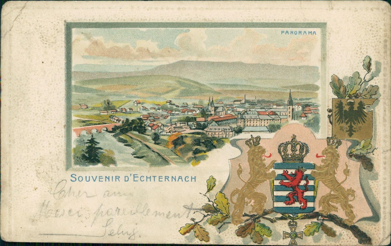vergrößern: Bildseite historische Ansichtskarte von 1902: Stadt Heraldik:: Echternach