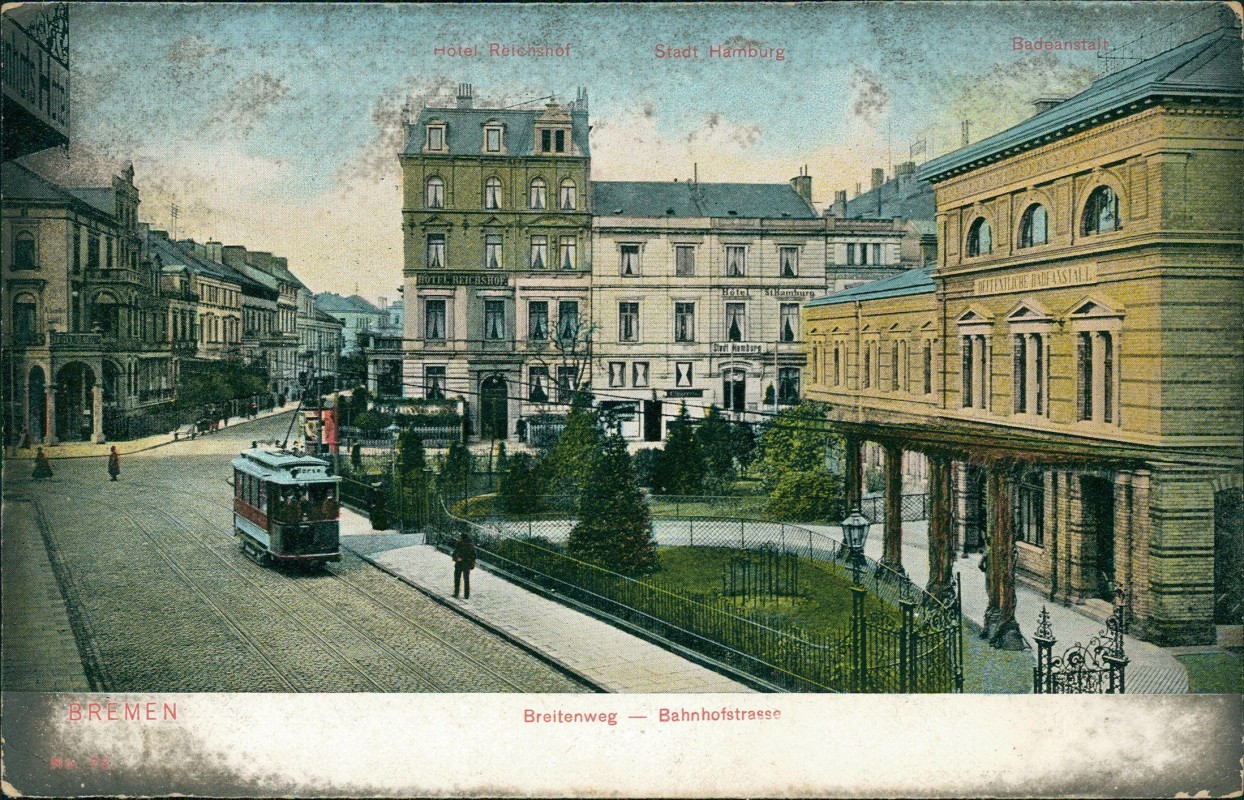 zoom: Image side vintage Postcard from 1917: Hotel Reichshof Breitenweg Bahnhofstrasse:: Bremen