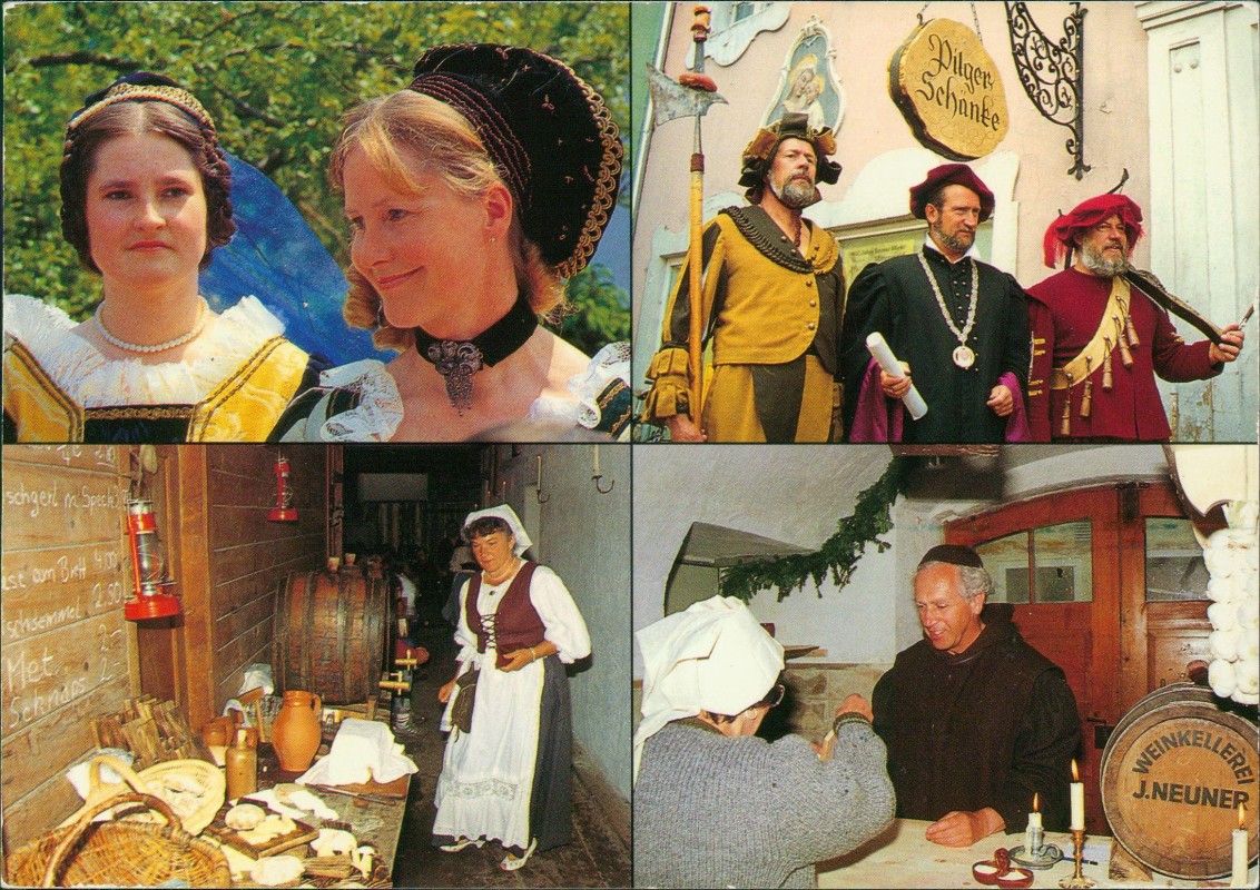 zoom: Image side vintage Postcard from 2000: Mehrbildkarte, Schänke im Pilgerhaus von 1485, Historisches Gasthaus, Alte Trachten:: Mittenwald